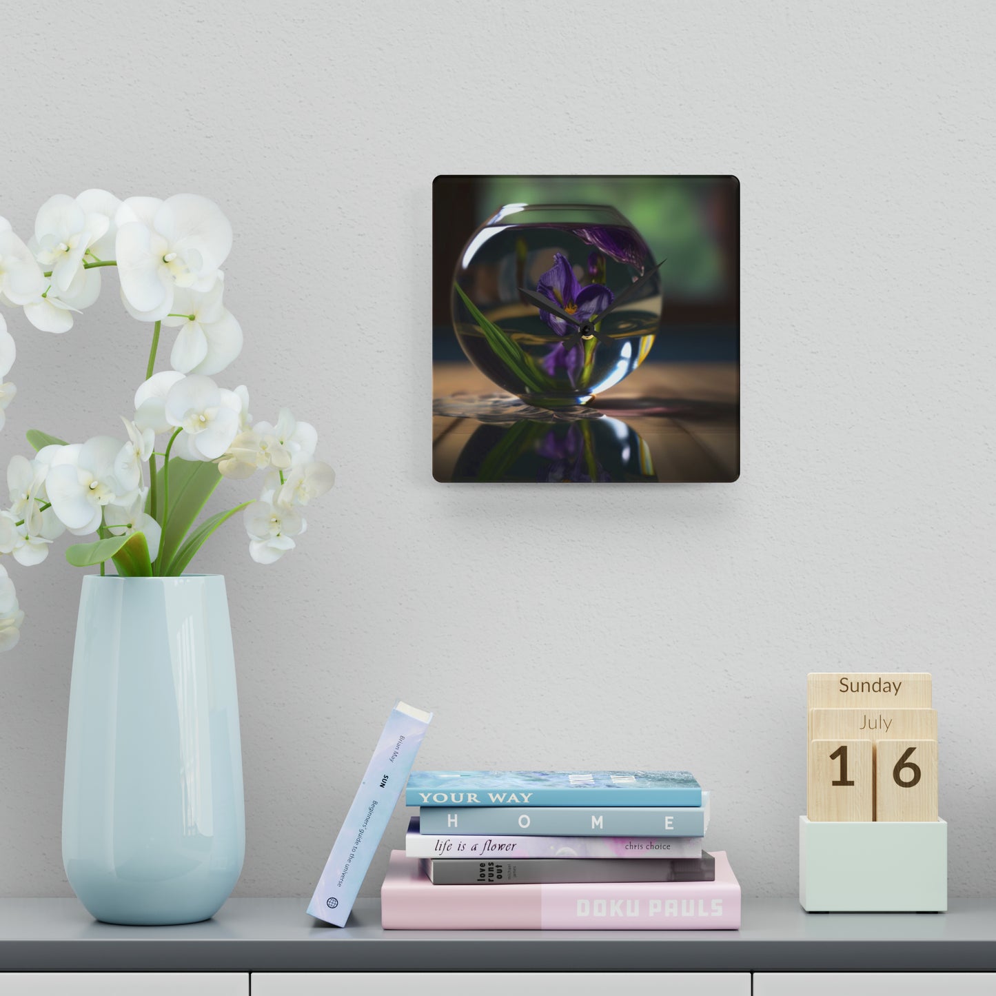 Acrylic Wall Clock Purple Iris in a vase 1