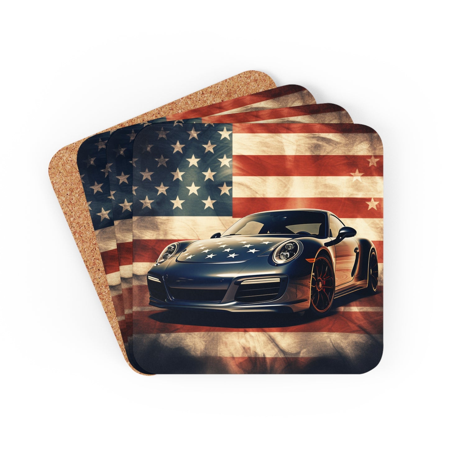 Corkwood Coaster Set Abstract American Flag Background Porsche 3