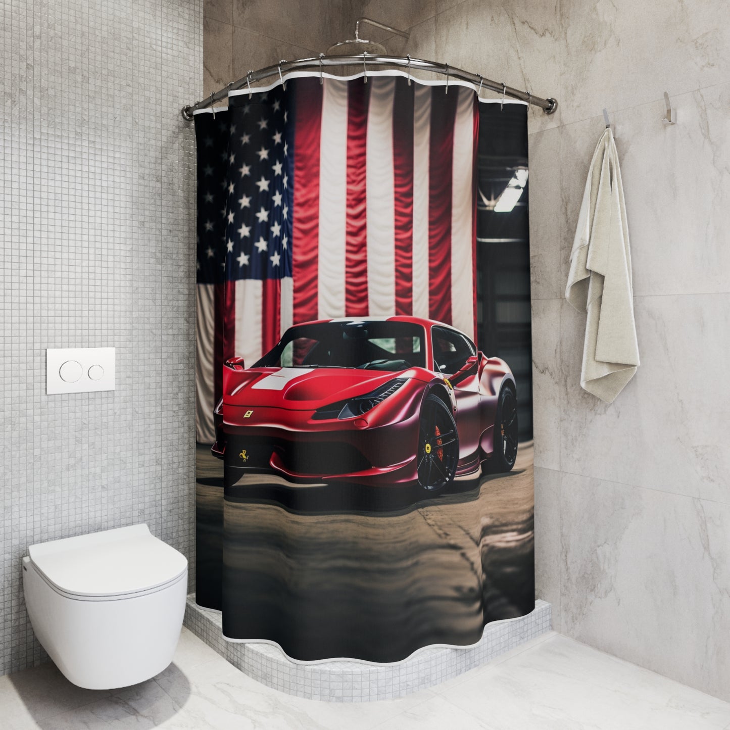 Polyester Shower Curtain American Flag Background Ferrari 3