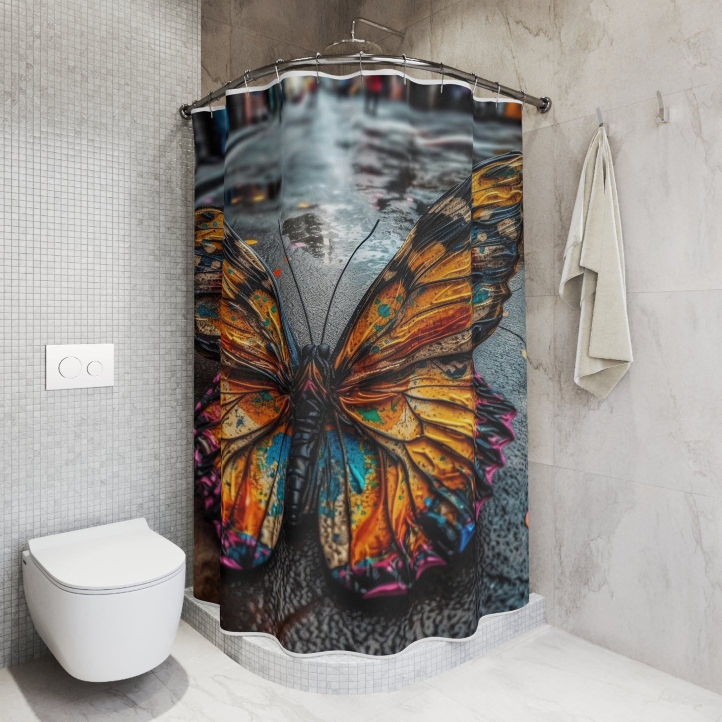 Polyester Shower Curtain Liquid Street Butterfly 1