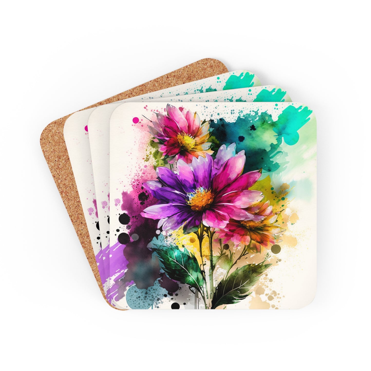 Corkwood Coaster Set Bright Spring Flowers 1