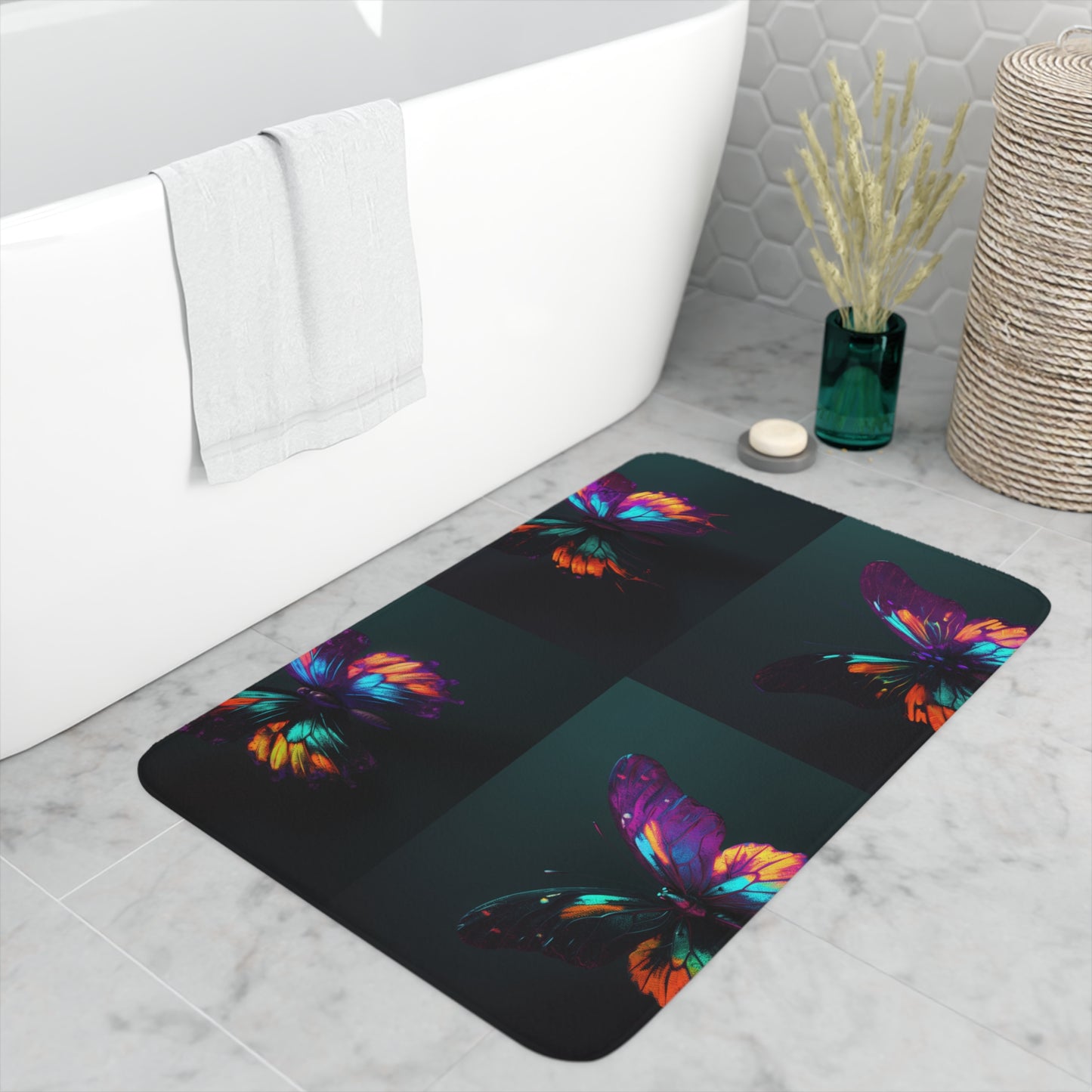 Memory Foam Bath Mat Hyper Colorful Butterfly Purple 5