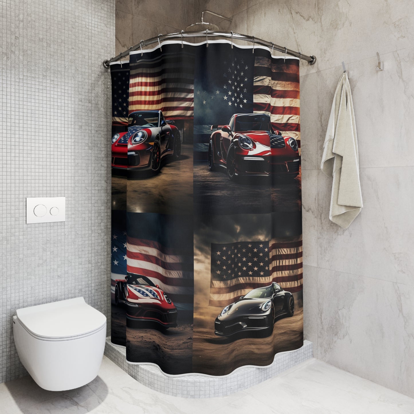 Polyester Shower Curtain American Flag Background Porsche 5