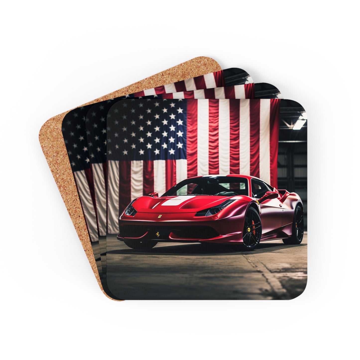 Corkwood Coaster Set American Flag Background Ferrari 3