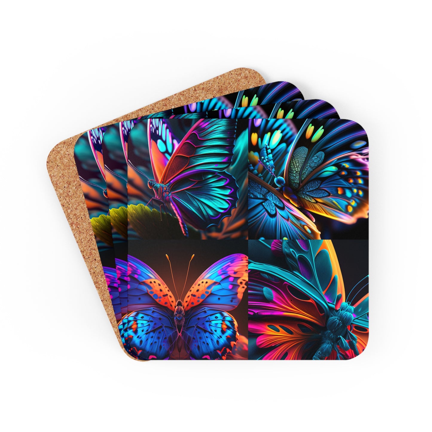 Corkwood Coaster Set Neon Butterfly Macro 5