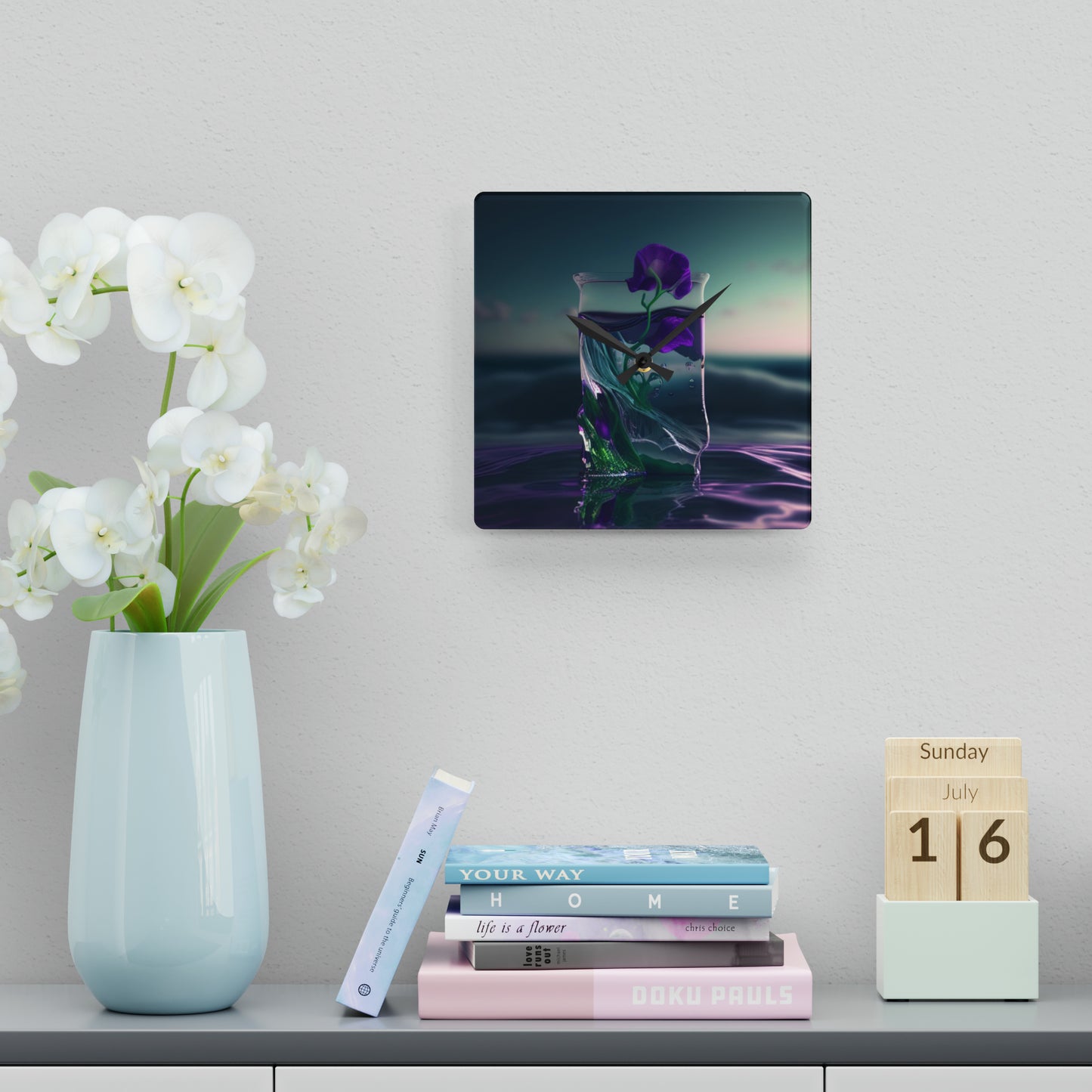 Acrylic Wall Clock Purple Sweet pea in a vase 3