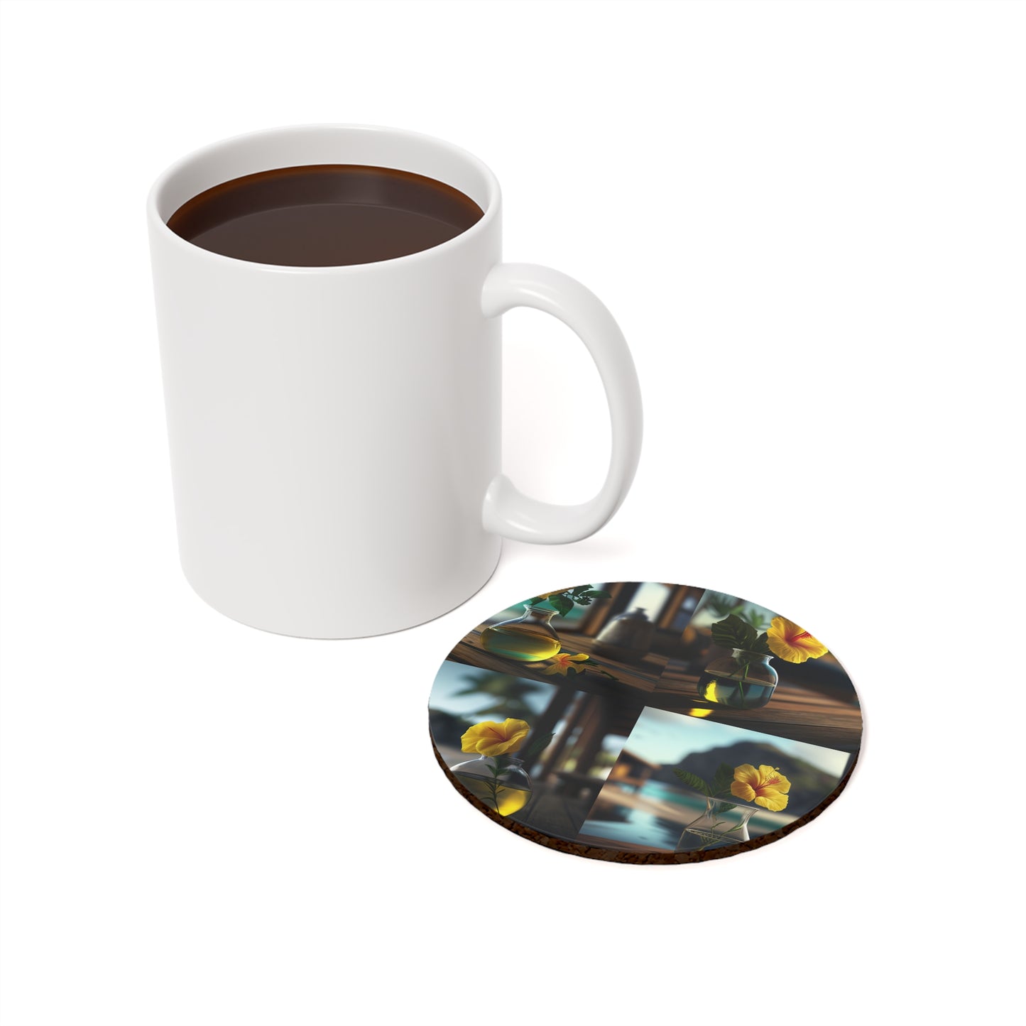 Cork Back Coaster Yellow Hibiscus Wood 5