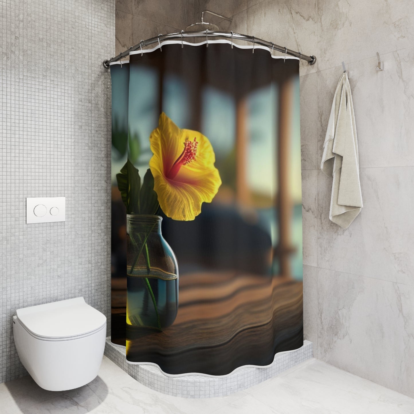 Polyester Shower Curtain Yellow Hibiscus Wood 2