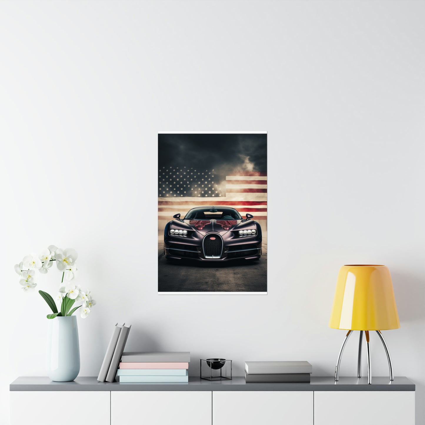 Premium Matte Vertical Posters American Flag Background Bugatti 2