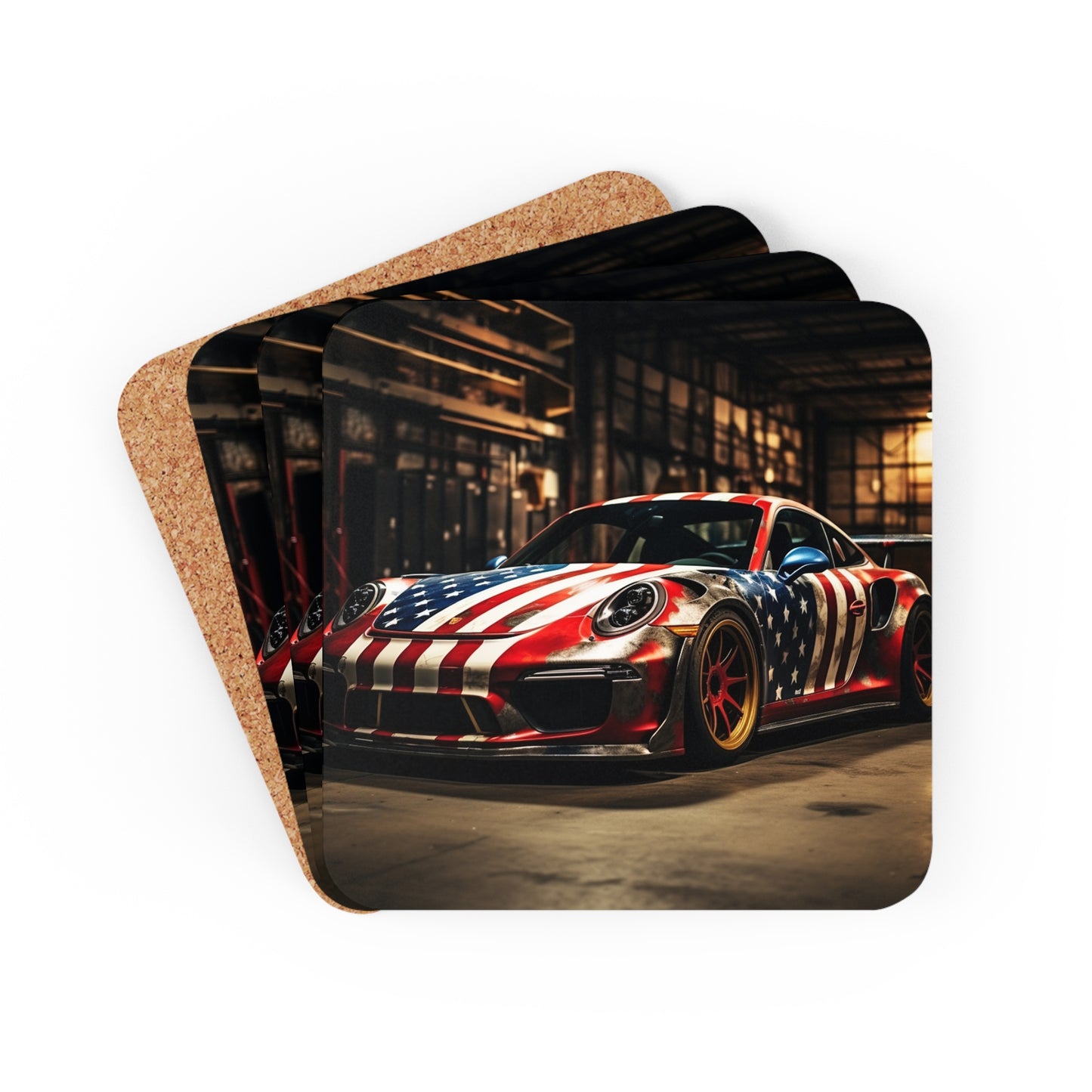 Corkwood Coaster Set American Flag Porsche 4