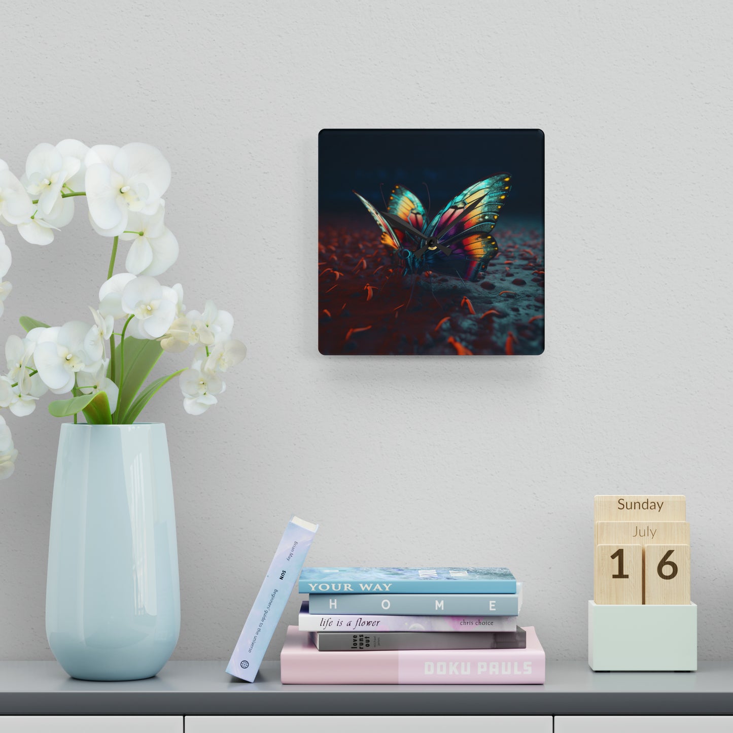 Acrylic Wall Clock Hyper Colorful Butterfly Macro 1