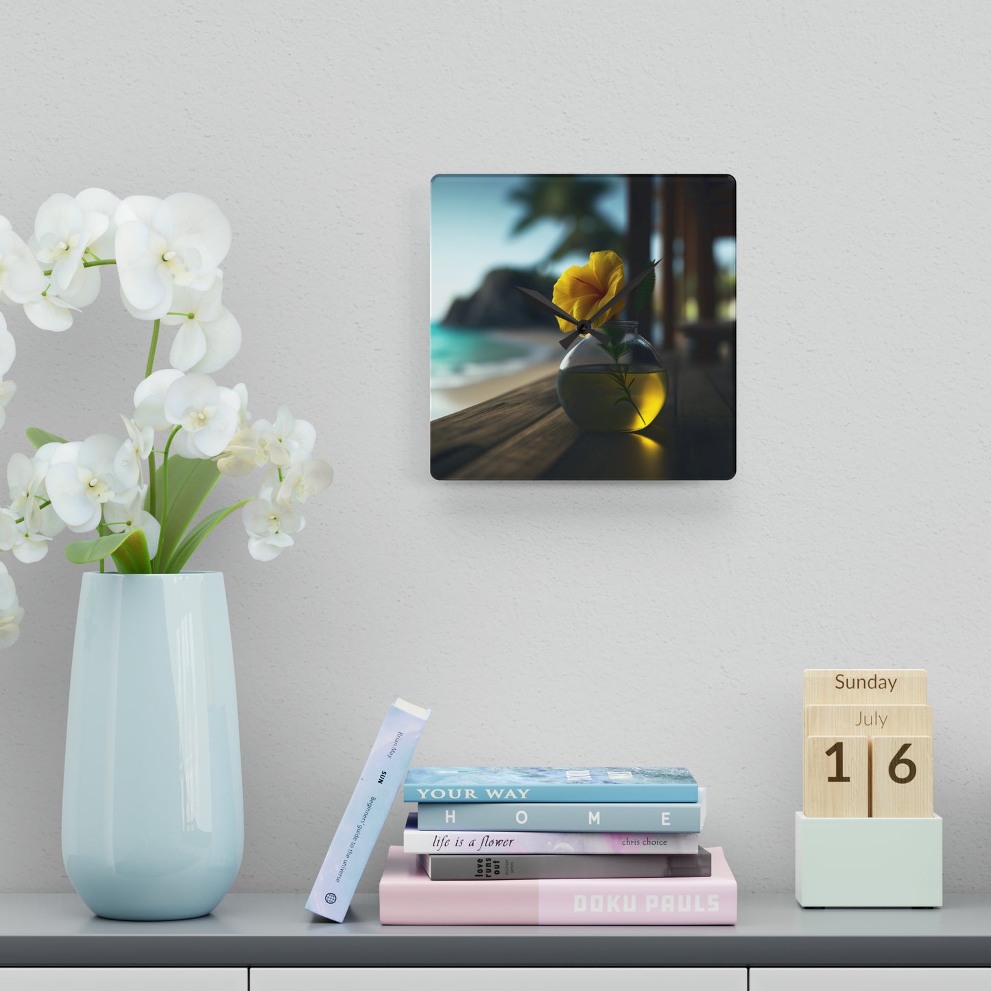 Acrylic Wall Clock Yellow Hibiscus Wood 3