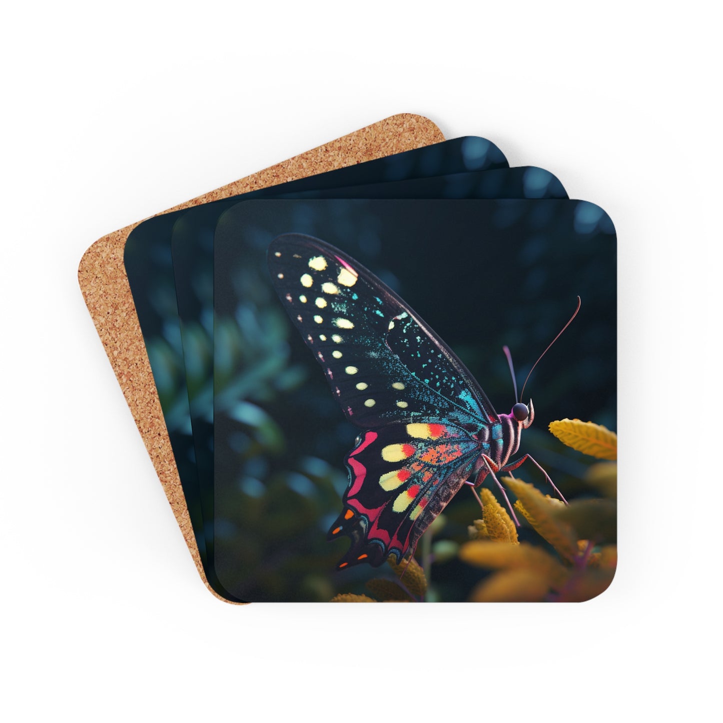 Corkwood Coaster Set Hyper Colorful Butterfly Macro 2