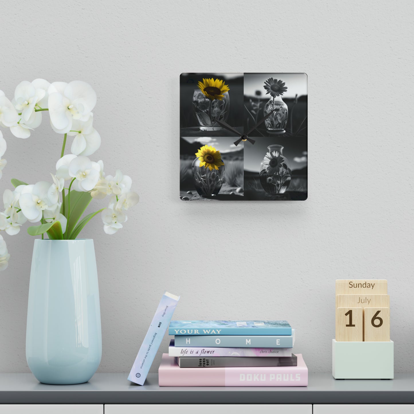 Acrylic Wall Clock Yellw Sunflower in a vase 5