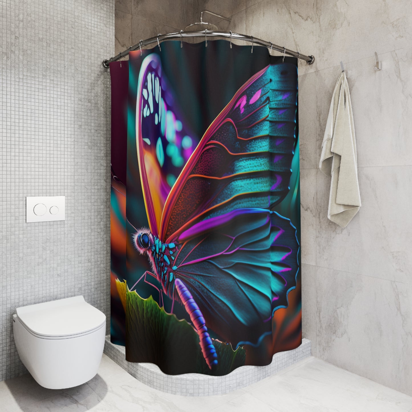 Polyester Shower Curtain neon butterfly macro 2