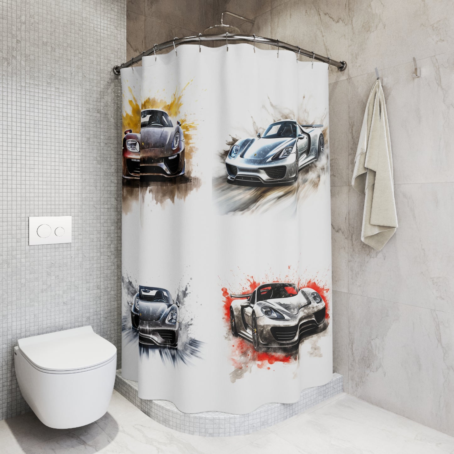 Polyester Shower Curtain 918 Spyder white background driving fast with water splashing 5