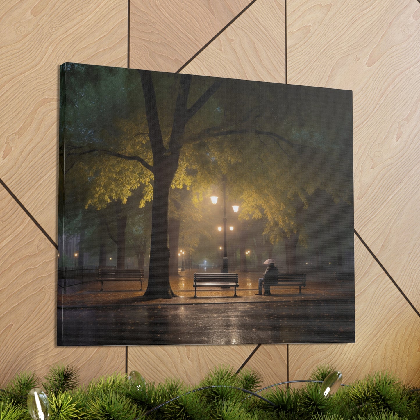 Man sitting on a park bench in the rain
