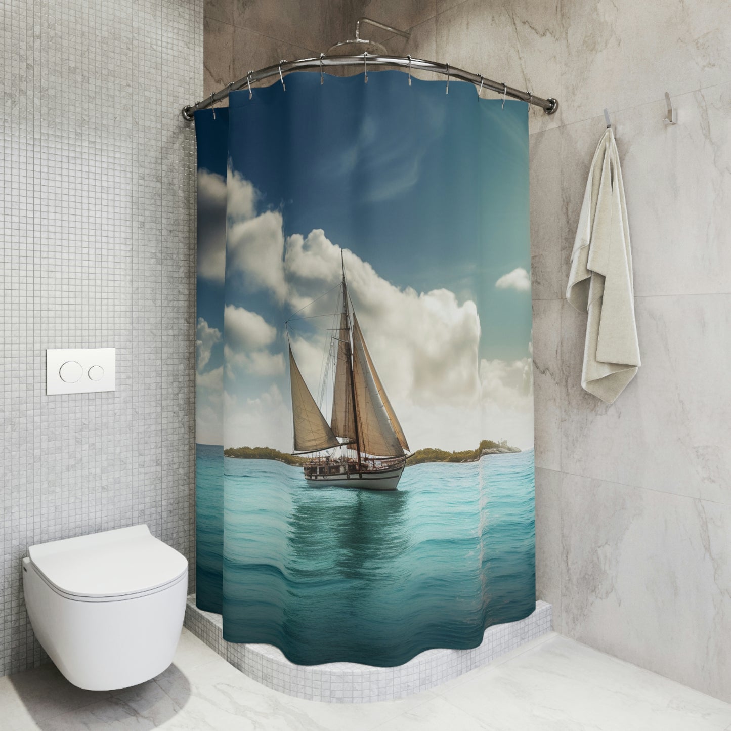 Polyester Shower Curtain sailboat blue 1