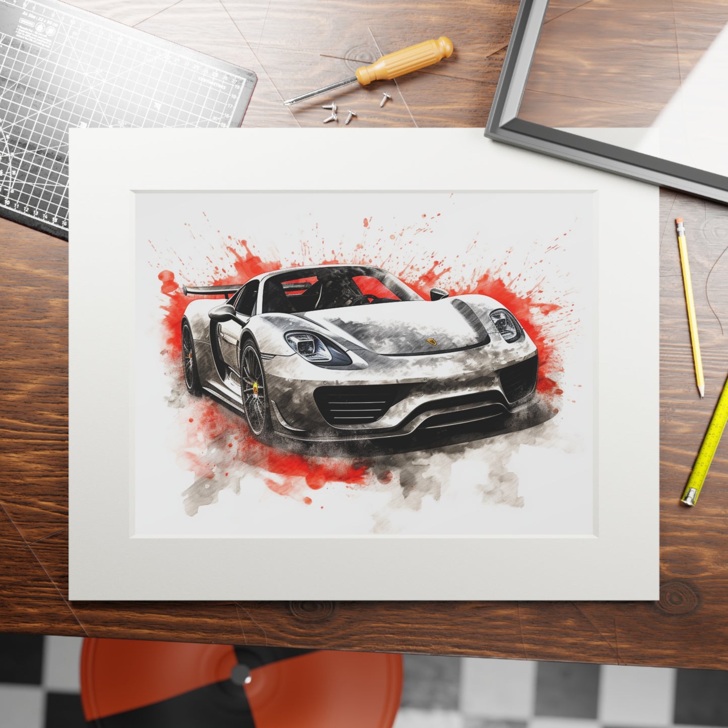 Fine Art Prints (Passepartout Paper Frame) 918 Spyder white background driving fast with water splashing 4
