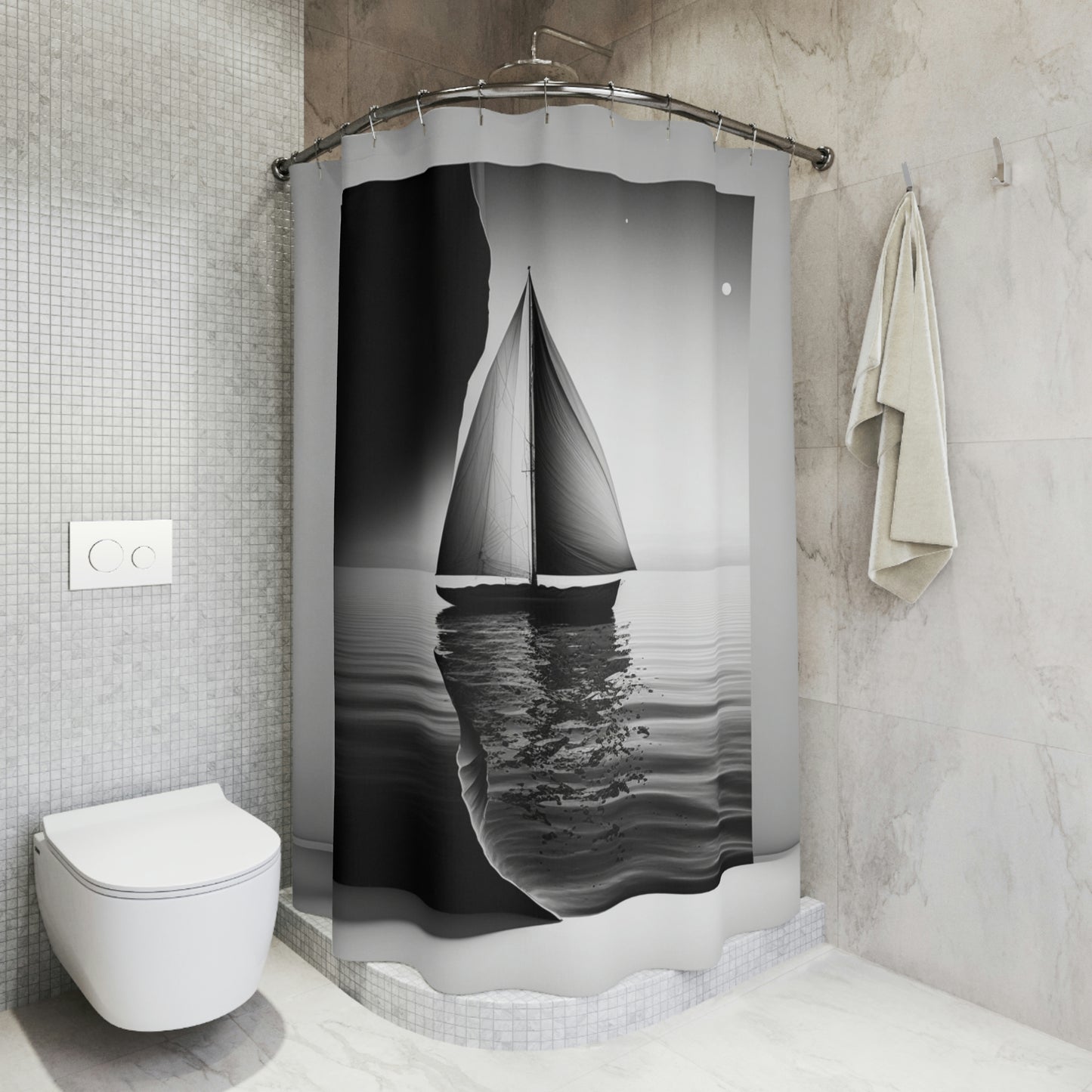 Polyester Shower Curtain black and white sailboat 2