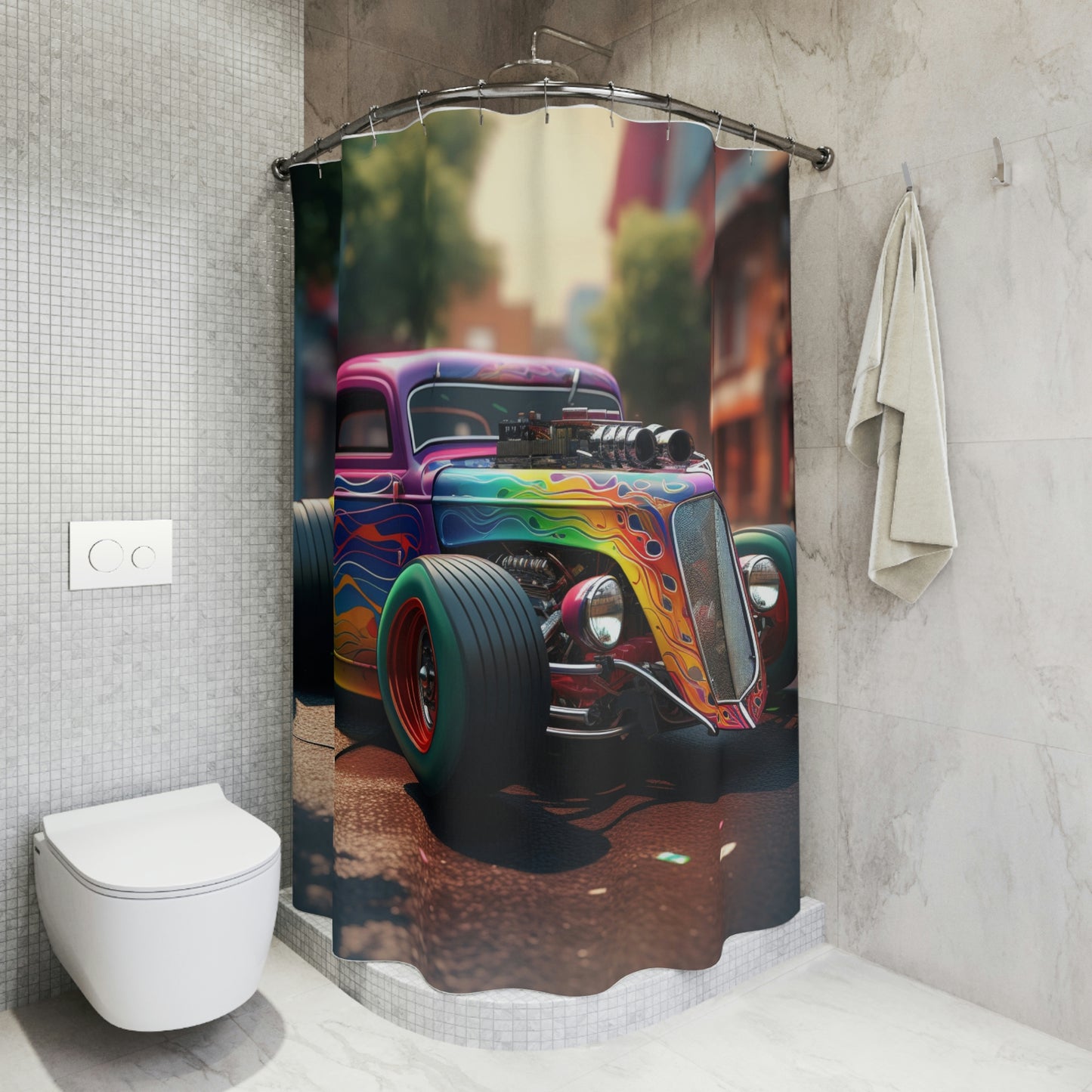 Polyester Shower Curtain Hyper colorful Hotrod 1