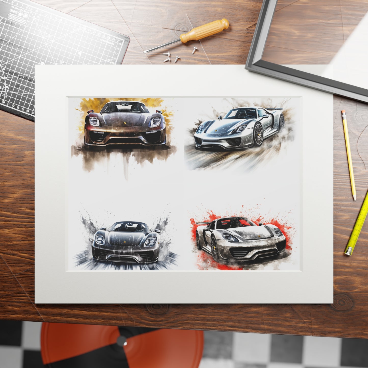 Fine Art Prints (Passepartout Paper Frame) 918 Spyder white background driving fast with water splashing 5