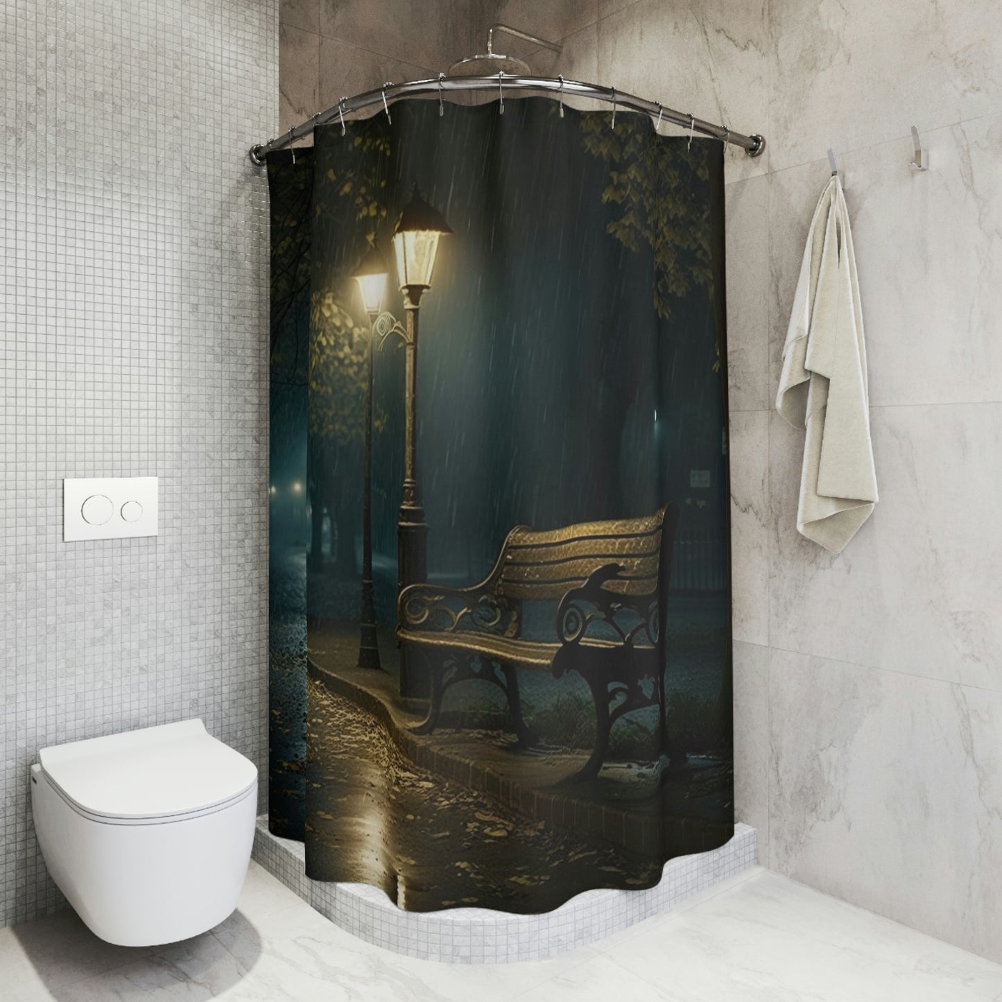 Polyester Shower Curtain rain bench night 1