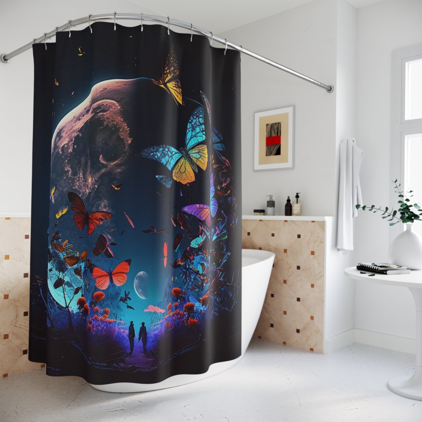 Polyester Shower Curtain florescent butterflys moon 3
