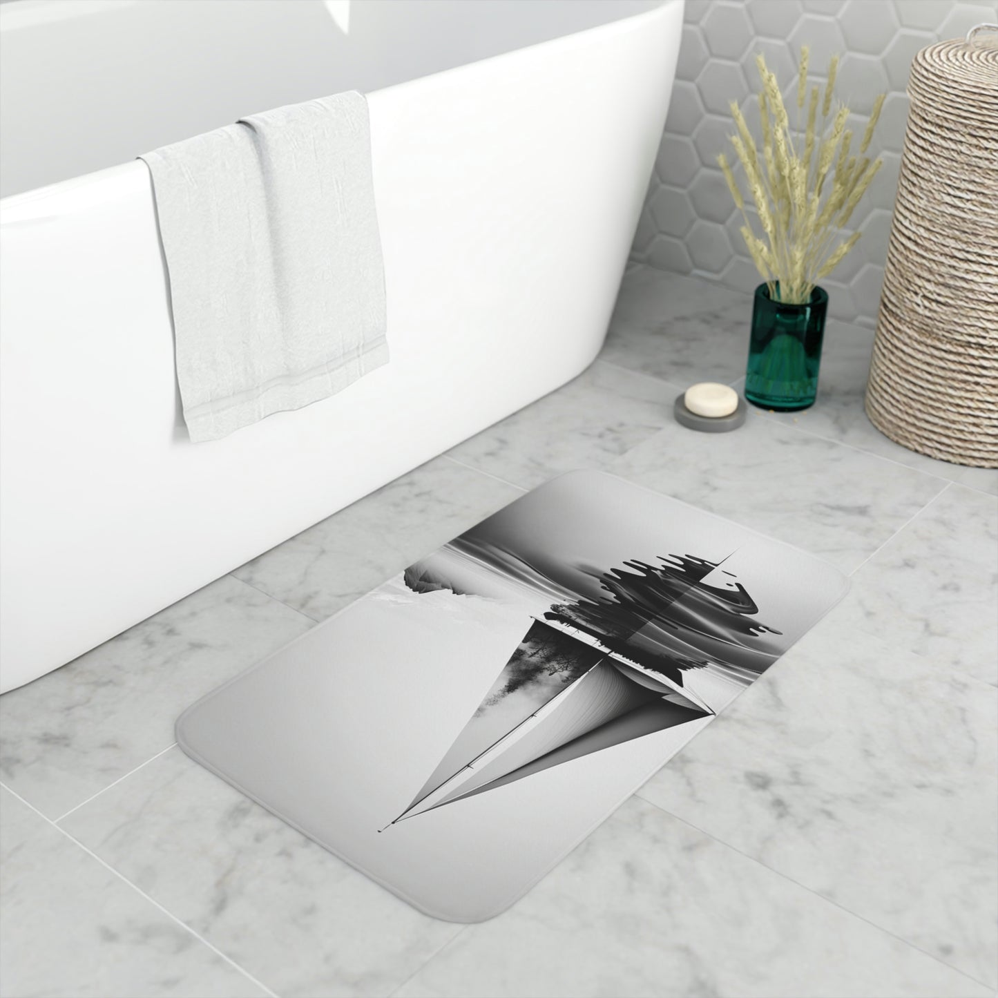 Memory Foam Bath Mat Black and white Sailboat 3