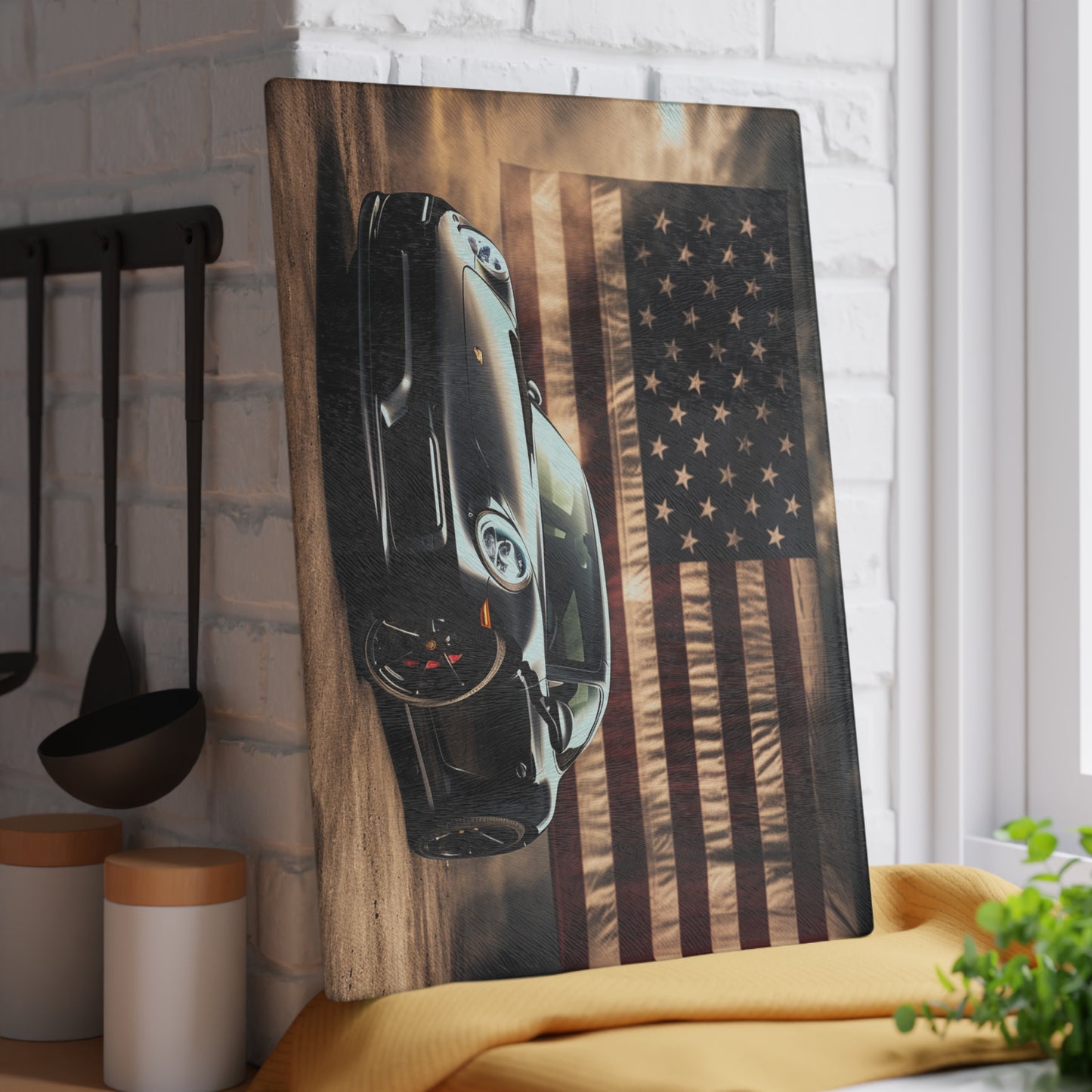 Glass Cutting Board American Flag Background Porsche 4