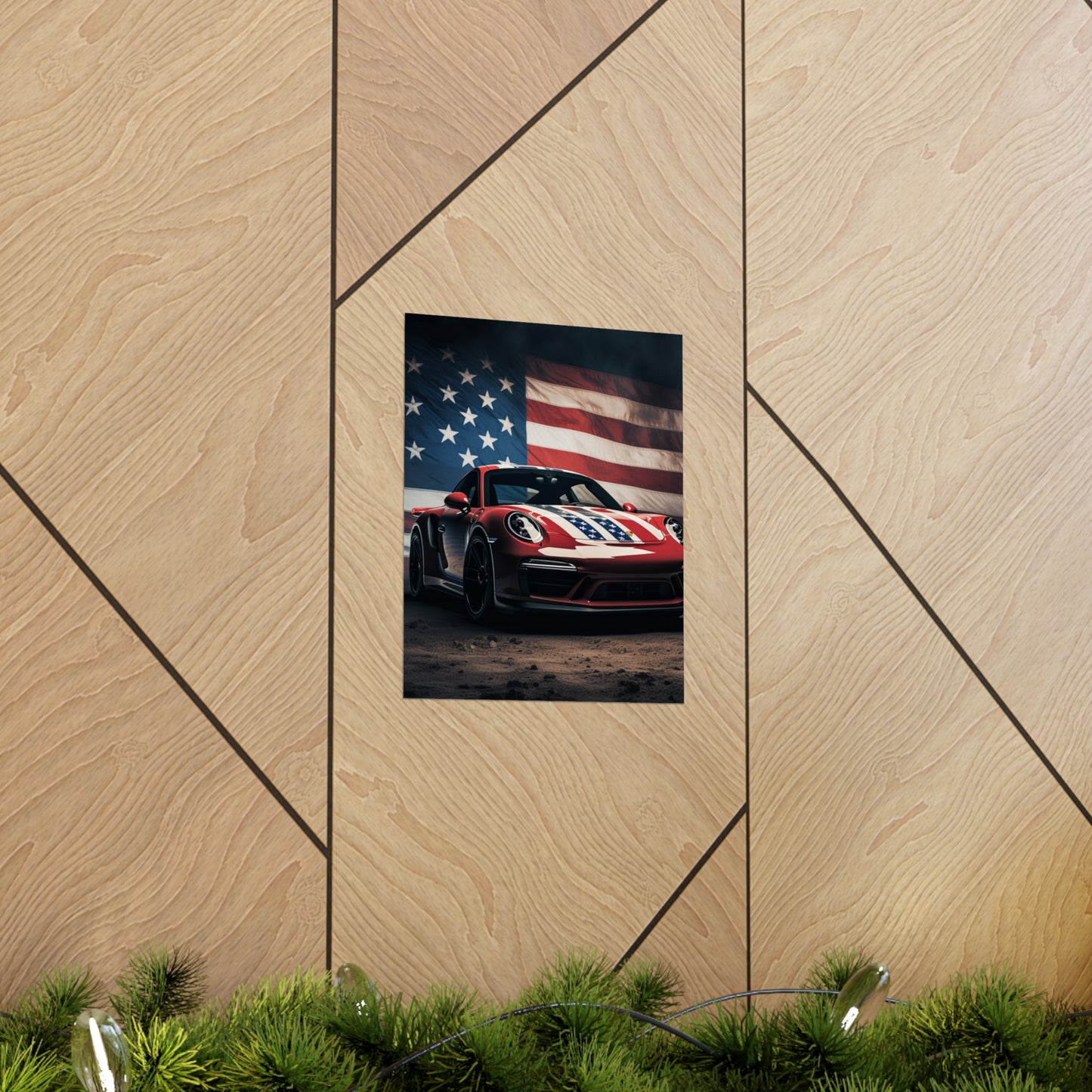 Premium Matte Vertical Posters American Flag Background Porsche 3