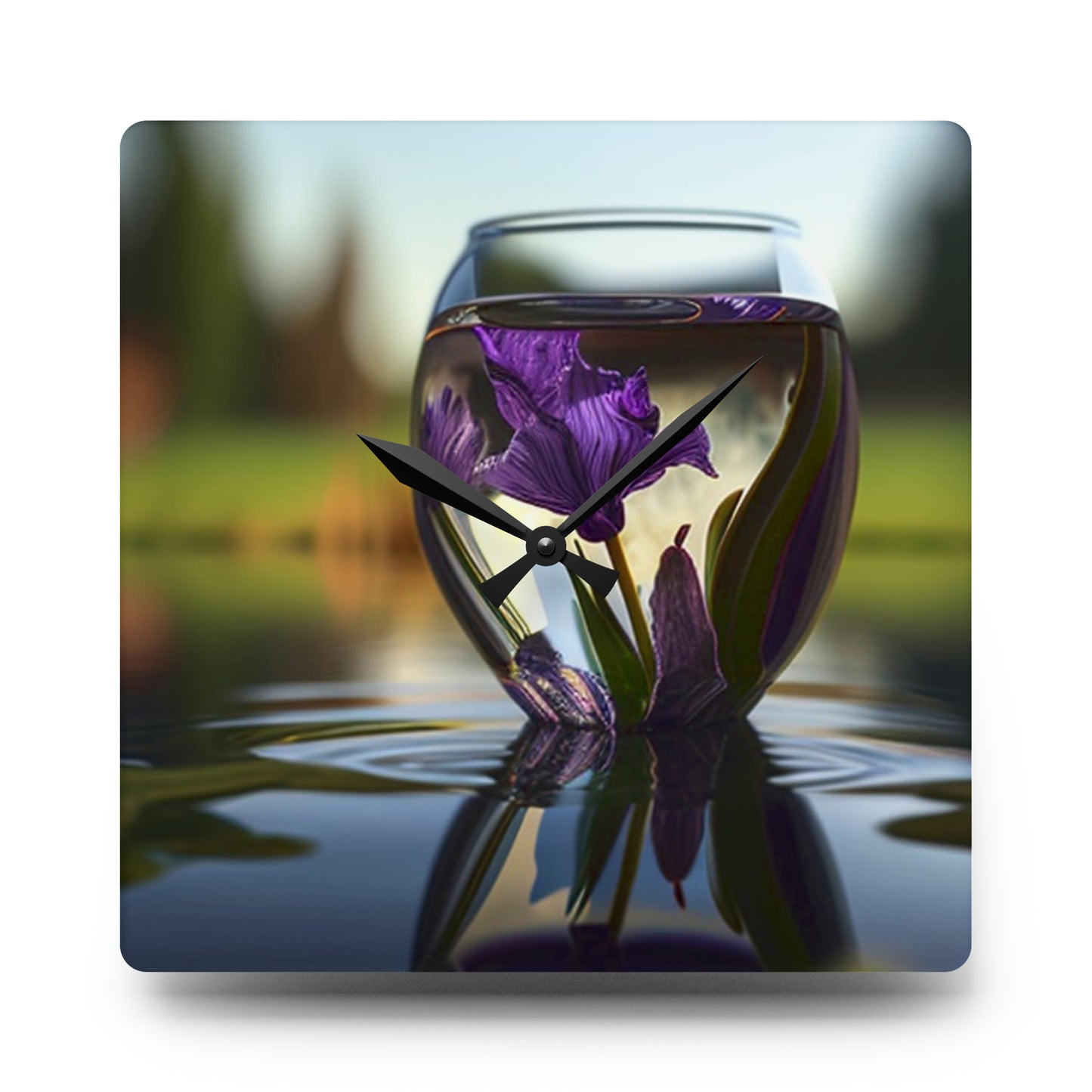 Acrylic Wall Clock Purple Iris in a vase 3