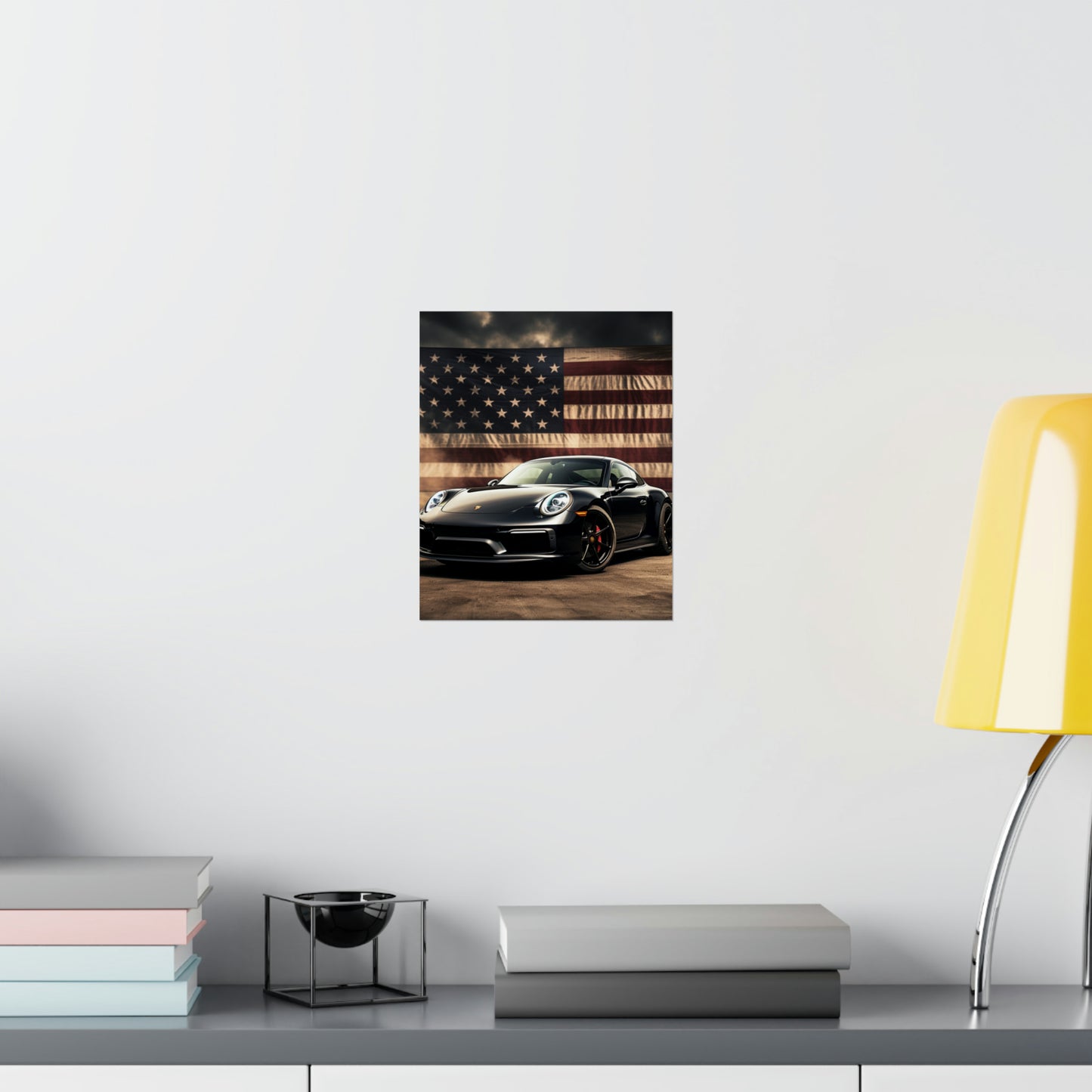 Premium Matte Vertical Posters American Flag Background Porsche 4