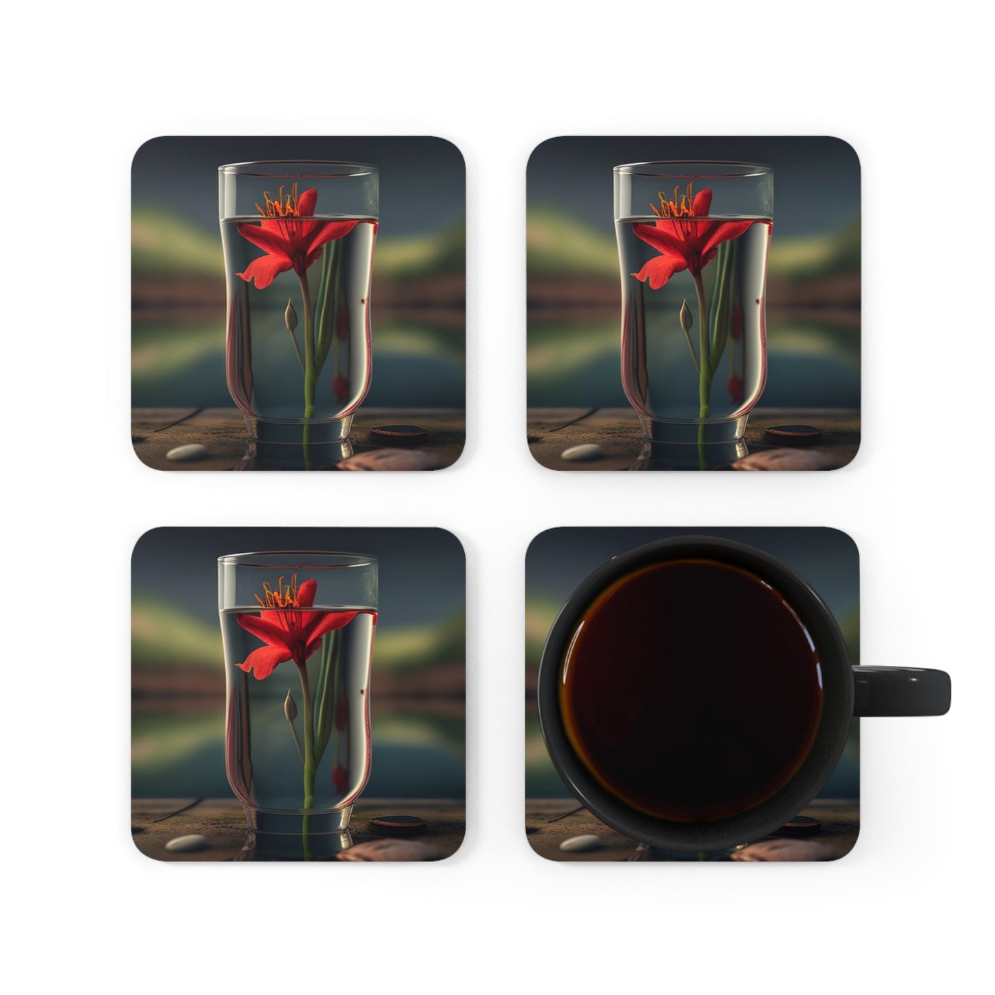 Corkwood Coaster Set Red Lily in a Glass vase 1