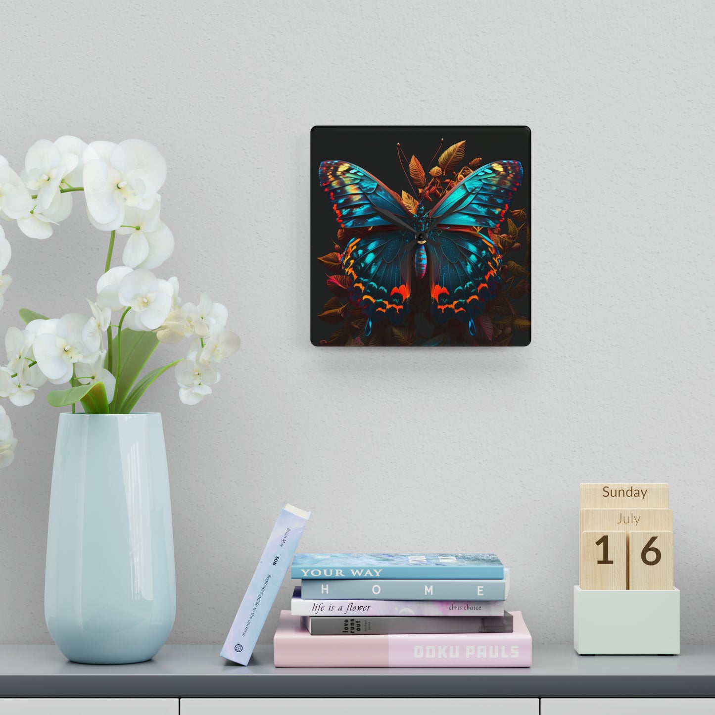 Acrylic Wall Clock Hue Neon Butterfly 1