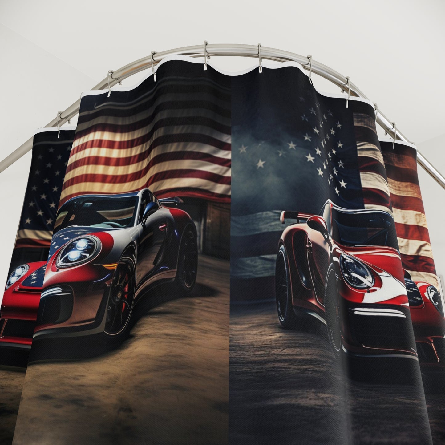 Polyester Shower Curtain American Flag Background Porsche 5