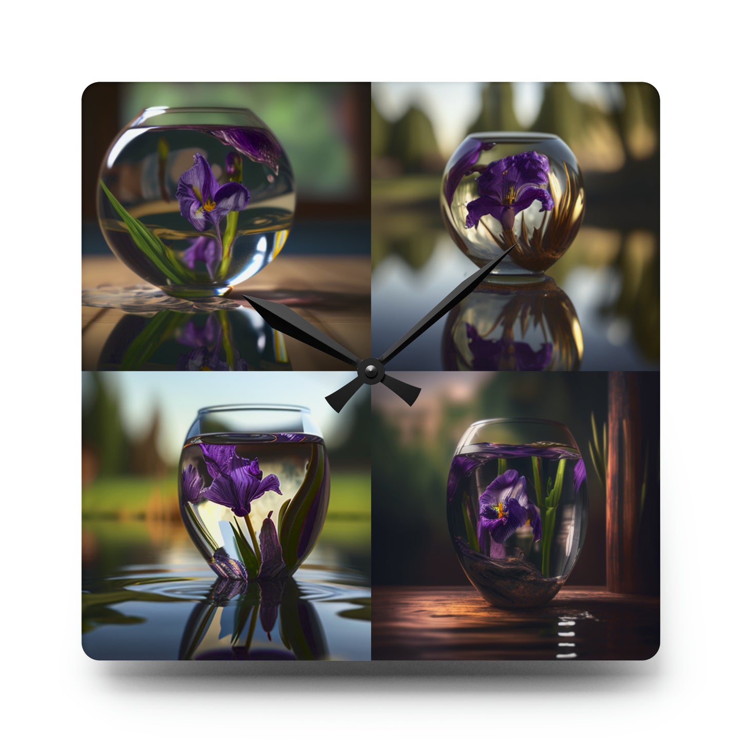 Acrylic Wall Clock Purple Iris in a vase 5