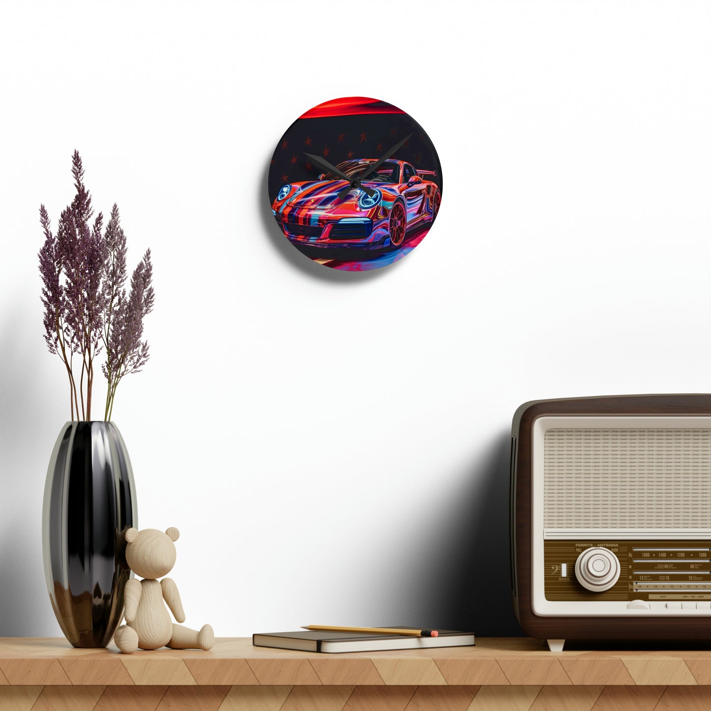 Acrylic Wall Clock American Flag Colored Porsche 2