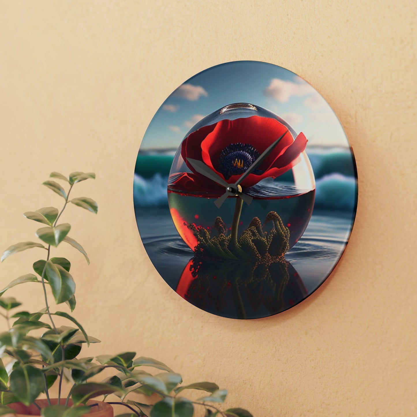 Acrylic Wall Clock Red Anemone in a Vase 4