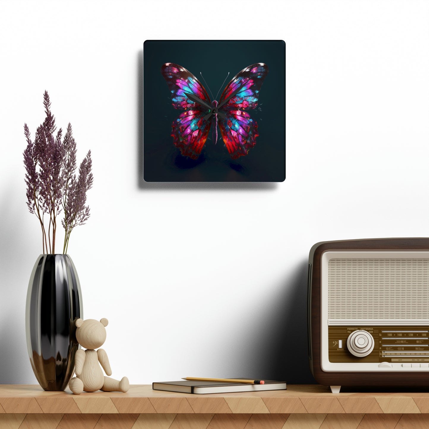 Acrylic Wall Clock Hyper Colorful Butterfly Macro 3