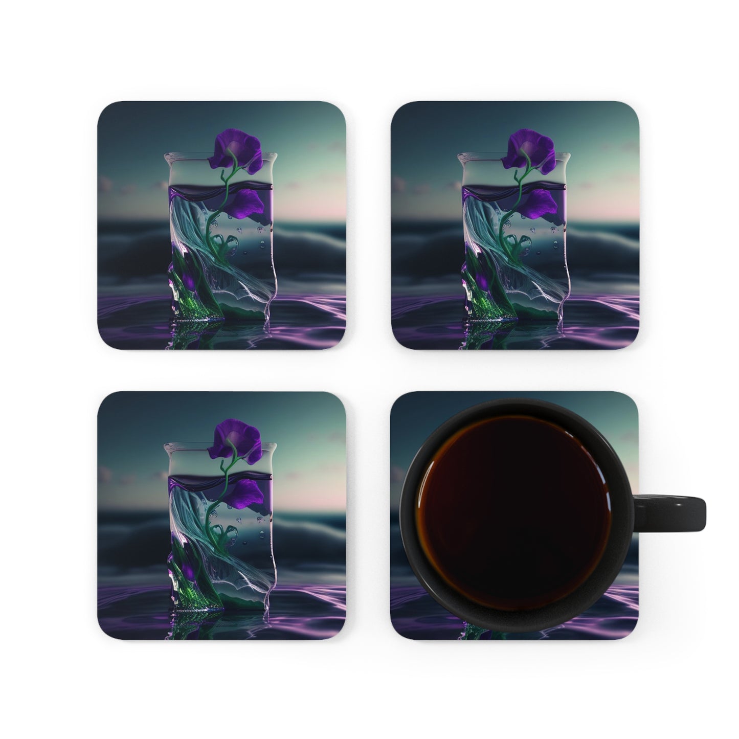 Corkwood Coaster Set Purple Sweet pea in a vase 3