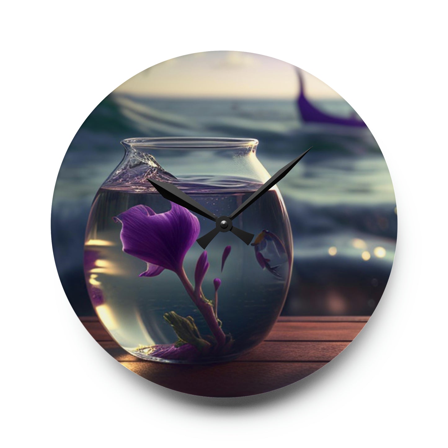 Acrylic Wall Clock Purple Sweet pea in a vase 1