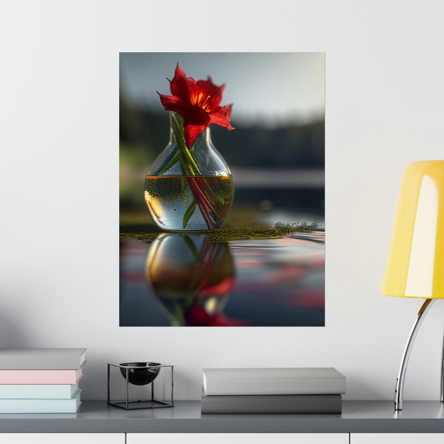 Premium Matte Vertical Posters Red Lily in a Glass vase 3