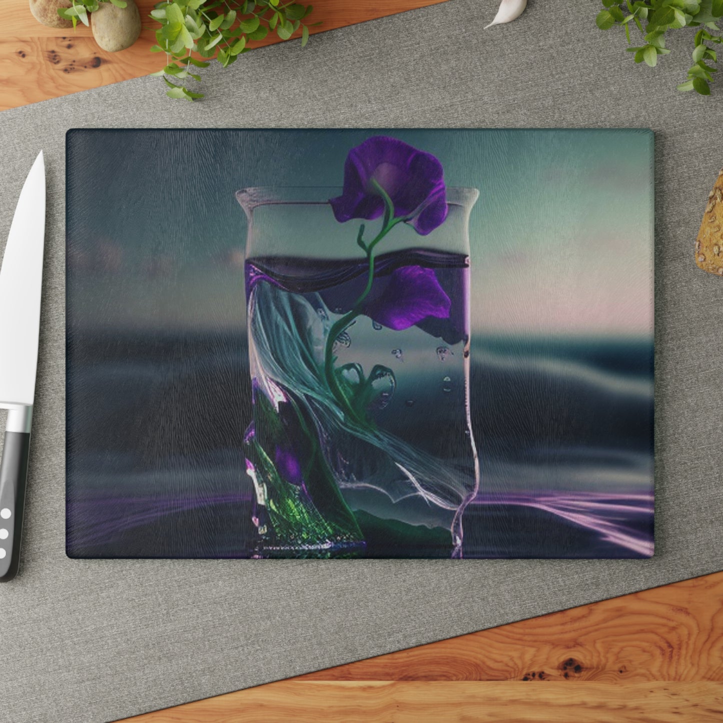 Glass Cutting Board Purple Sweet pea in a vase 3