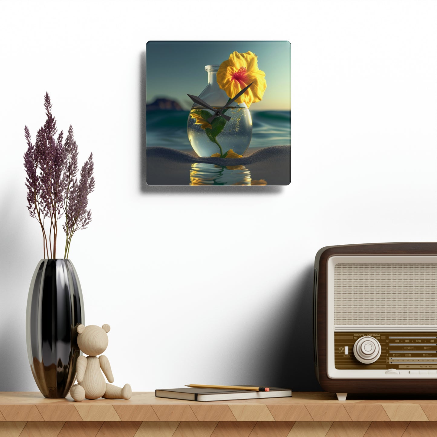 Acrylic Wall Clock Yellow Hibiscus glass 2