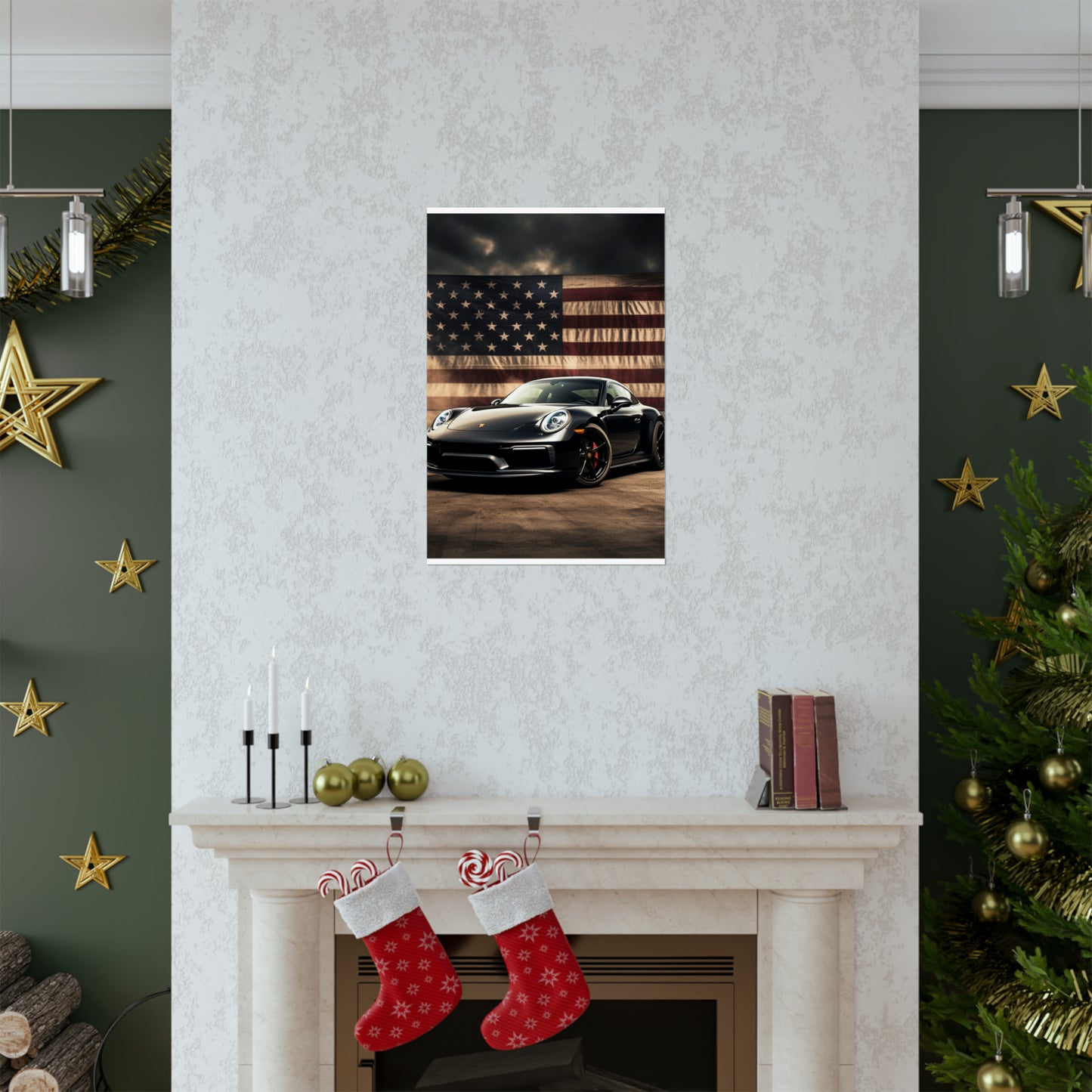 Premium Matte Vertical Posters American Flag Background Porsche 4
