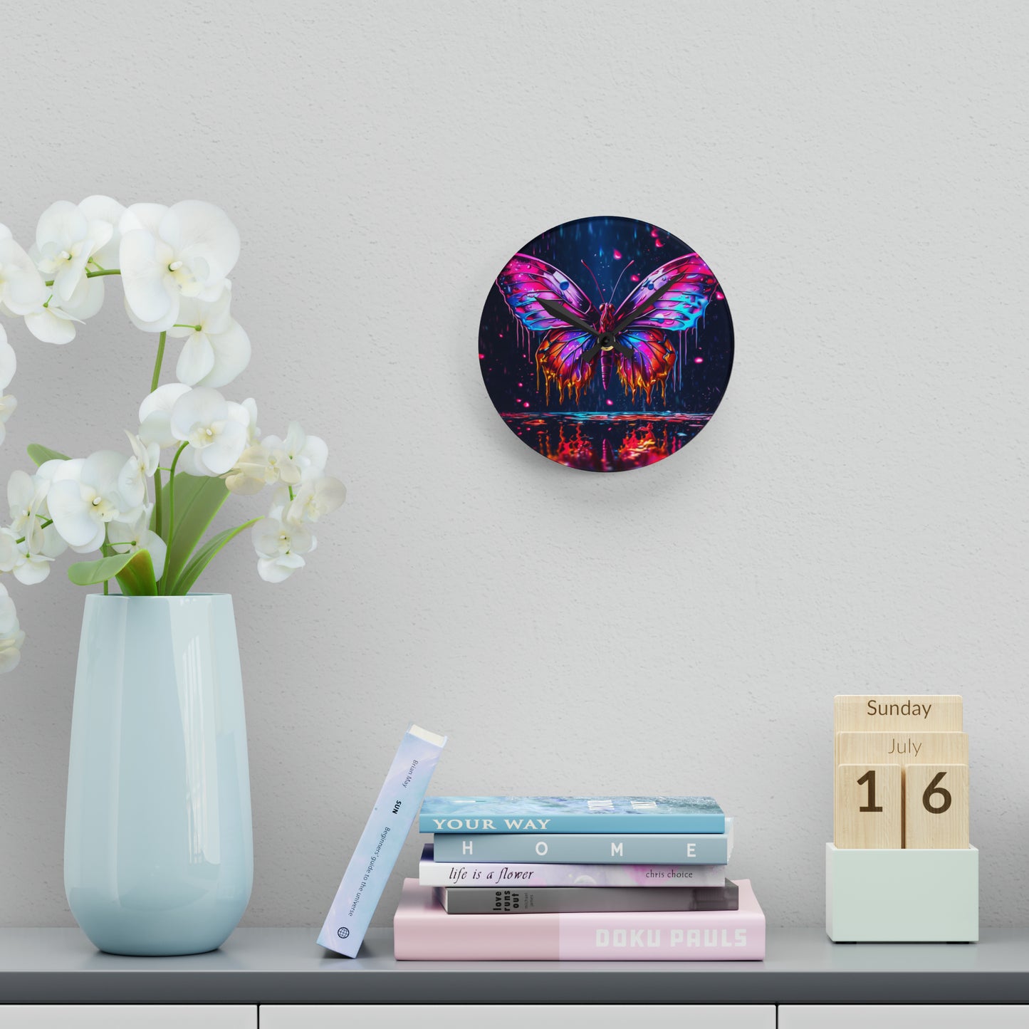 Acrylic Wall Clock Pink Butterfly Flair 2