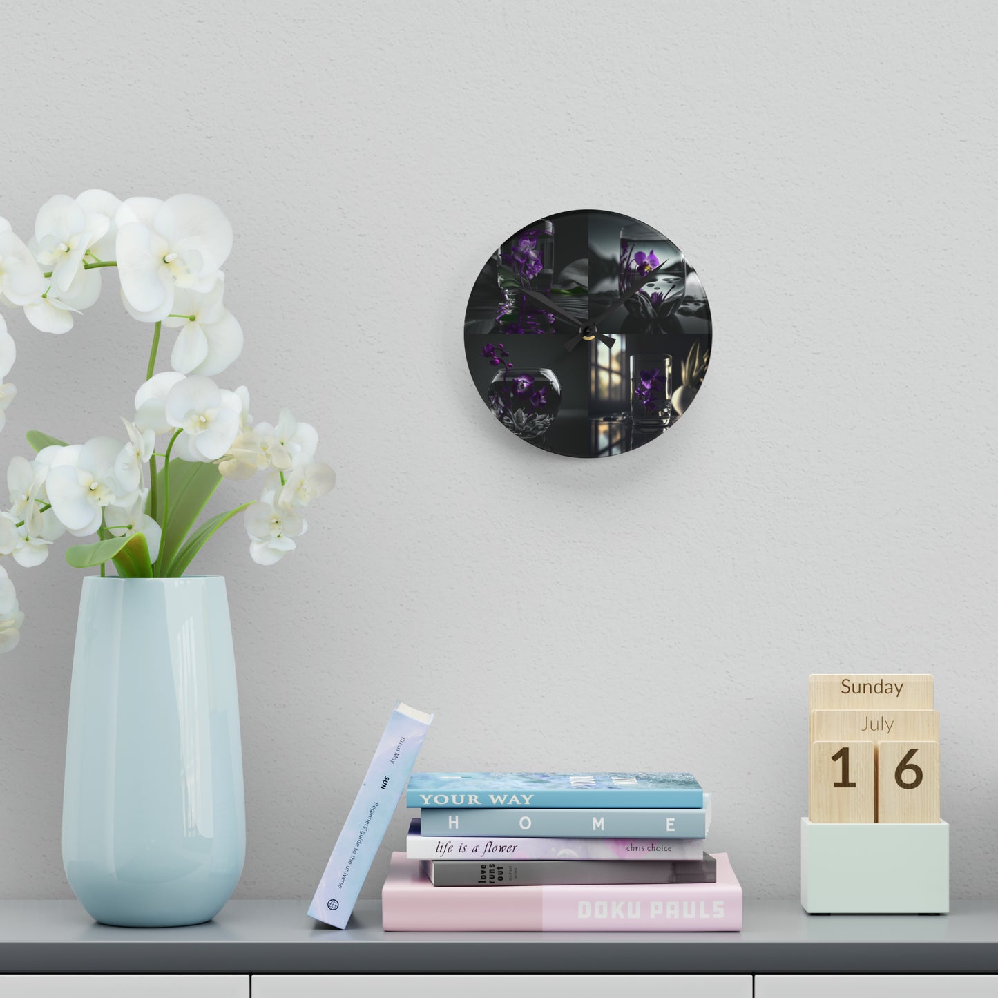 Acrylic Wall Clock Purple Orchid Glass vase 5