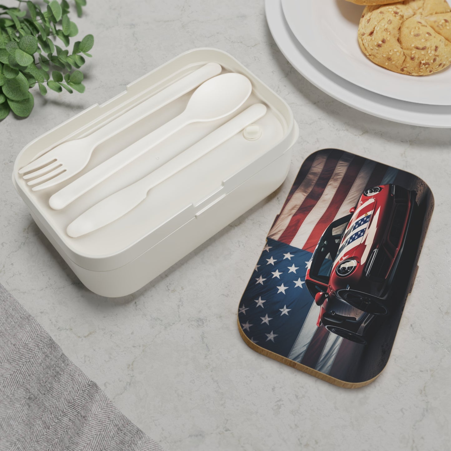 Bento Lunch Box American Flag Background Porsche 3