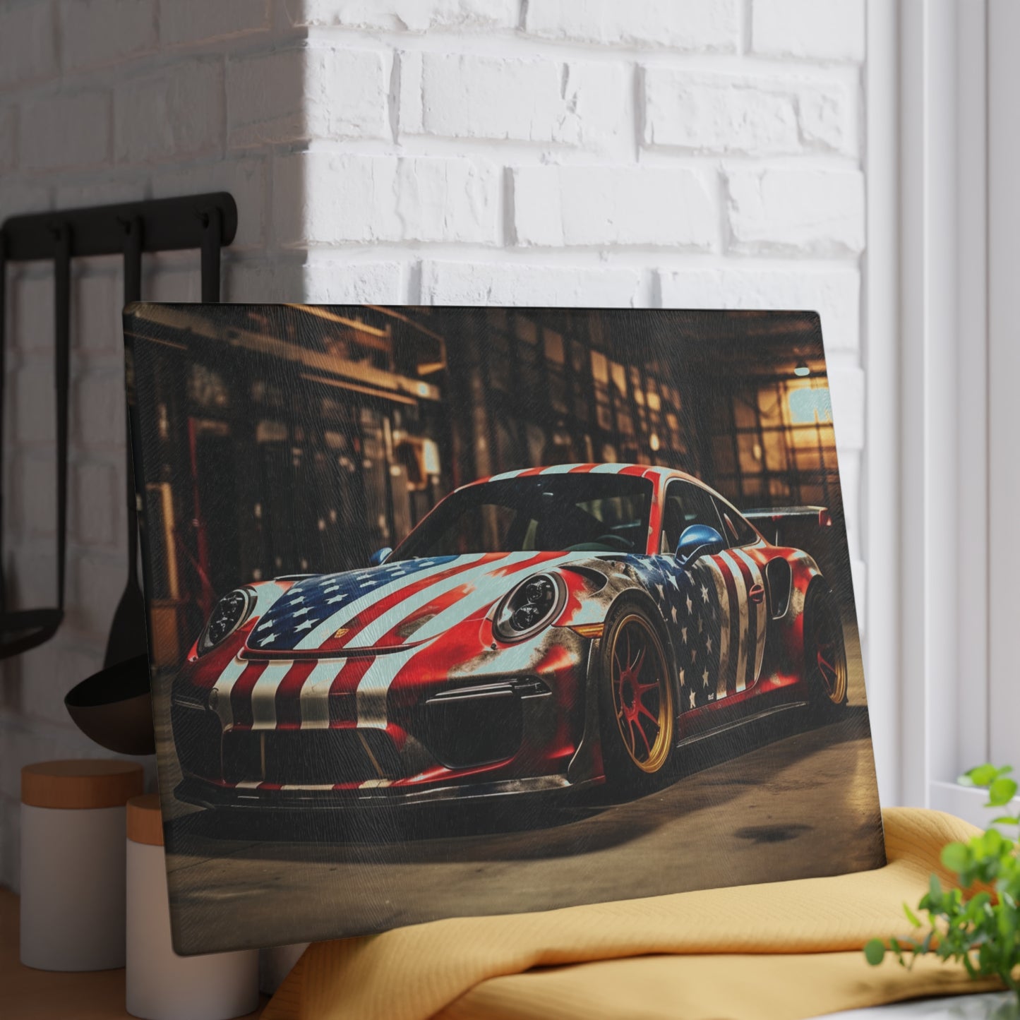 Glass Cutting Board American Flag Porsche 4